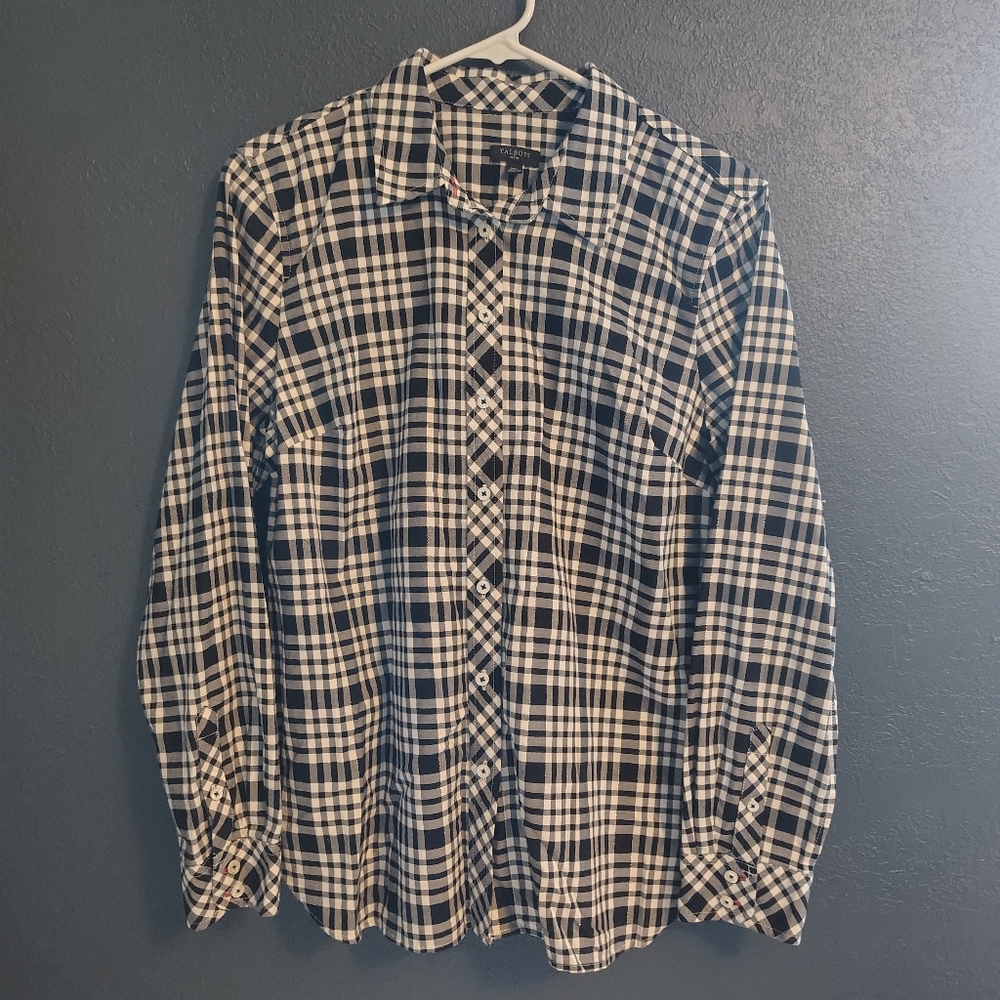 Talbots Checkered Preppy Metallic Strips /Black and White Button Down Shirt